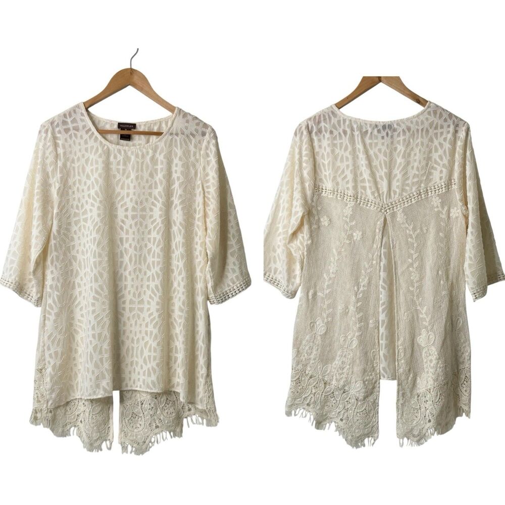 Multiples Ivory Lace Top Size M Crochet Split Back 3/4 Sleeve Boho CottageCore
